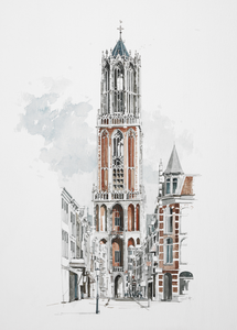 28345 Gezicht op de westgevel van de Domtoren aan het eind van de Zadelstraat te Utrecht, uit het westen.